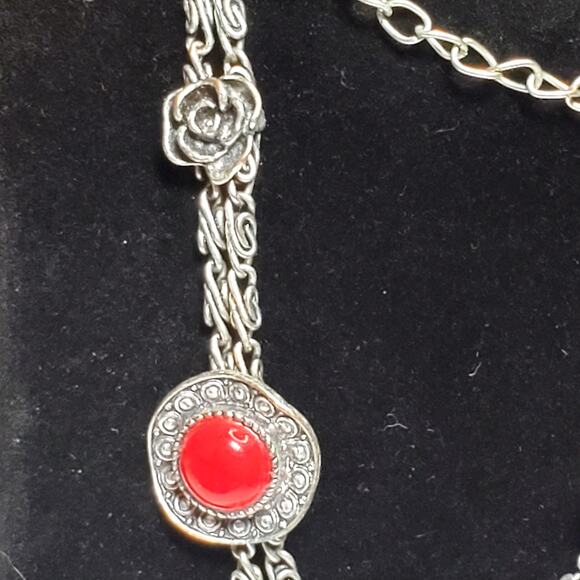 Red Silver Tone Chunky Cross Rose Charms Double Chain Necklace 22" Unsigned - Picture 7 of 9